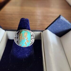 Vintage Sterling Silver Ring With Turquoise Stone & Ornate Scrollwork Design
